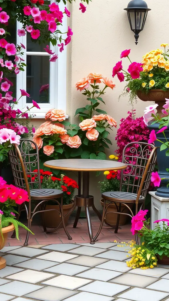 A cozy garden setting featuring vintage furniture surrounded by colorful flowers.