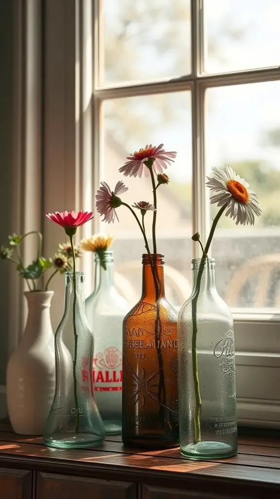 21 Stunning Summer Mantle Decor Ideas for a Bright and Breezy Look 10 Vintage glass bottles filled with flowers on a windowsill, illuminated by sunlight.
