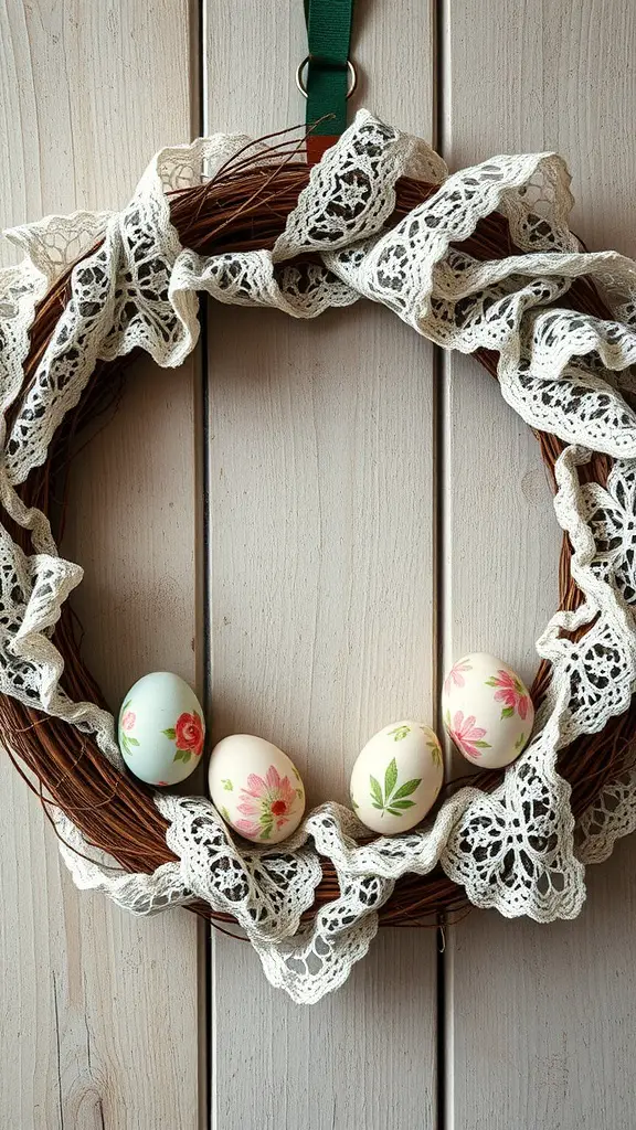 17 Creative DIY Easter Egg Wreath Ideas 15 A wreath with vintage lace and decorated eggs, perfect for Easter decoration.