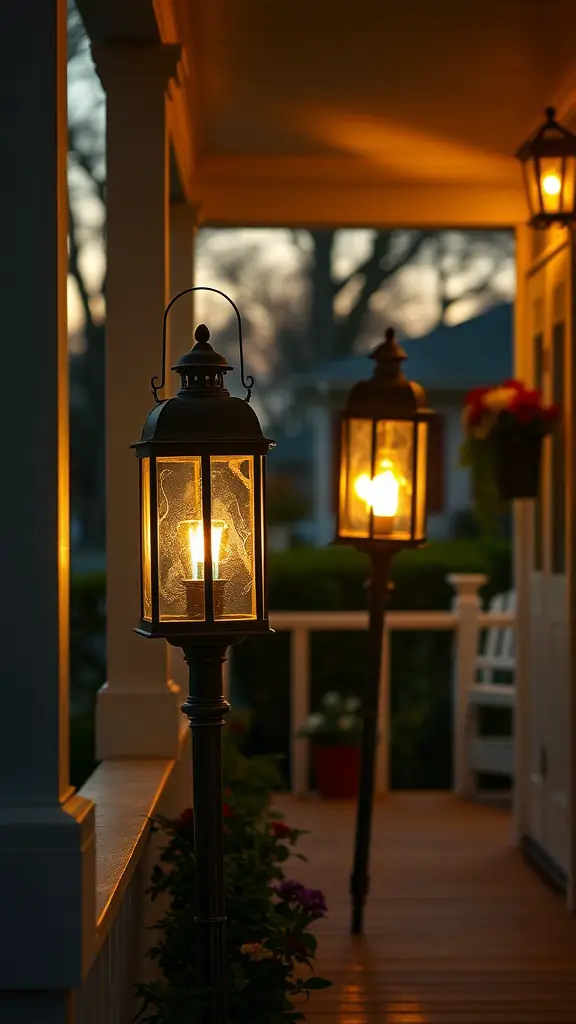 21 Cozy Front Porch Ideas 9 Two vintage lanterns glowing softly on a cozy front porch