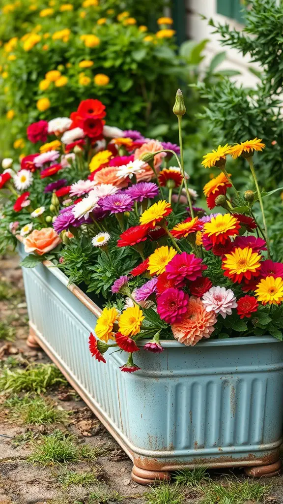21 Creative Flowerbed Edging Ideas for a Stunning Garden 16 Vibrant flowers in a vintage blue metal trough surrounded by greenery