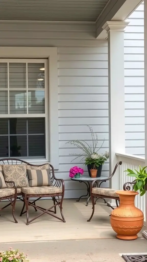 21 Creative Outdoor Front Porch Ideas for a Cozy Welcome 4 A vintage-inspired porch with elegant seating, potted plants, and a terracotta pot.