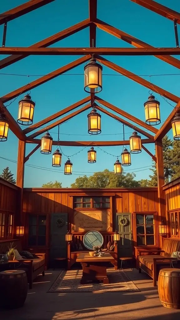 25 Creative Backyard Pavilion Ideas for Your Outdoor Space 20 A vintage style pavilion with wooden beams and hanging lanterns, featuring cozy seating arrangements.