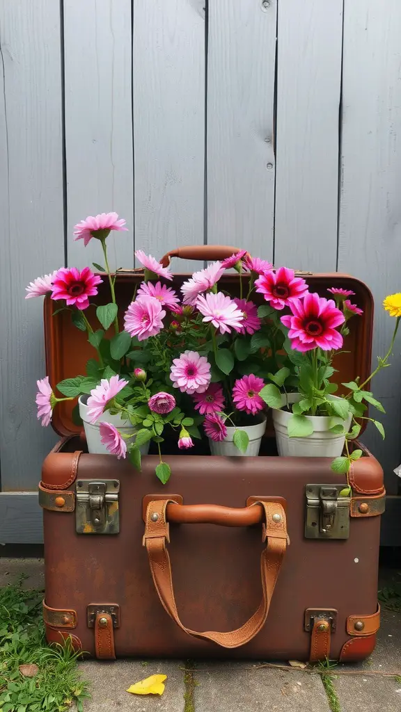 27 Creative DIY Plant Stand Ideas for Your Home 9 A vintage suitcase opened with colorful flowers in pots inside, showcasing a creative plant stand.
