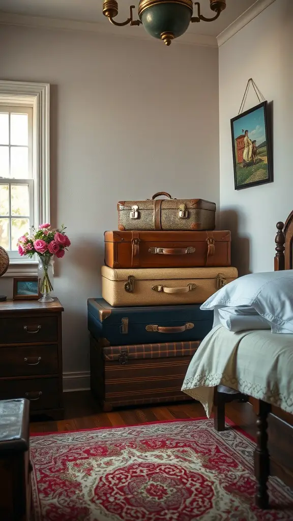 23 Earthy Vintage Bedroom Decor Ideas to Elevate Your Space 21 A cozy vintage bedroom with stacked suitcases, a flower vase, and pastel decor.