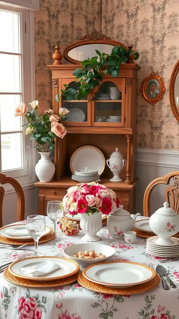 25 Creative Mother's Day Brunch Decor Ideas for Home 19 A vintage-inspired dining table set for brunch, featuring floral decor, elegant dinnerware, and a charming wooden hutch.