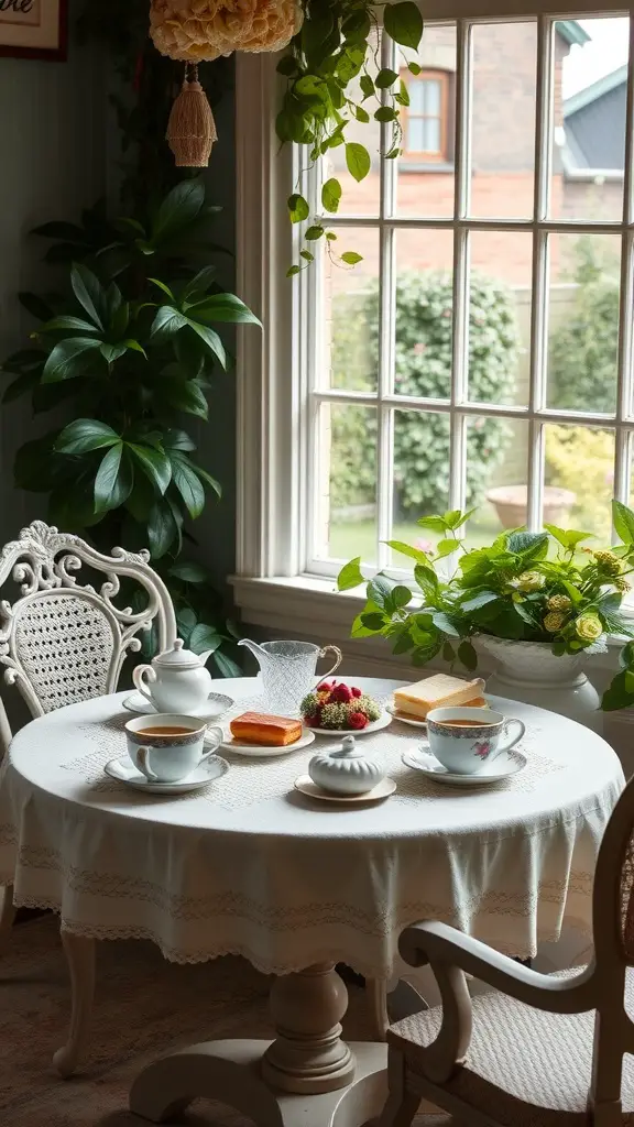 25 Charming Garden Nook Ideas for a Cozy Outdoor Space 14 A vintage table set for afternoon tea with a lace tablecloth, elegant tea cups, strawberries, sponge cakes, and a beautiful view through a window.
