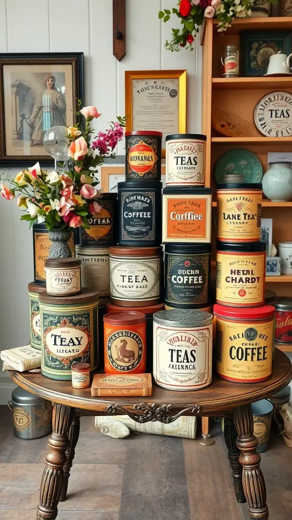 19 Creative Home Cafe Ideas to Elevate Your Coffee Experience 6 A charming vintage display of tea and coffee tins on a wooden table, complemented by flowers and a warm ambiance.