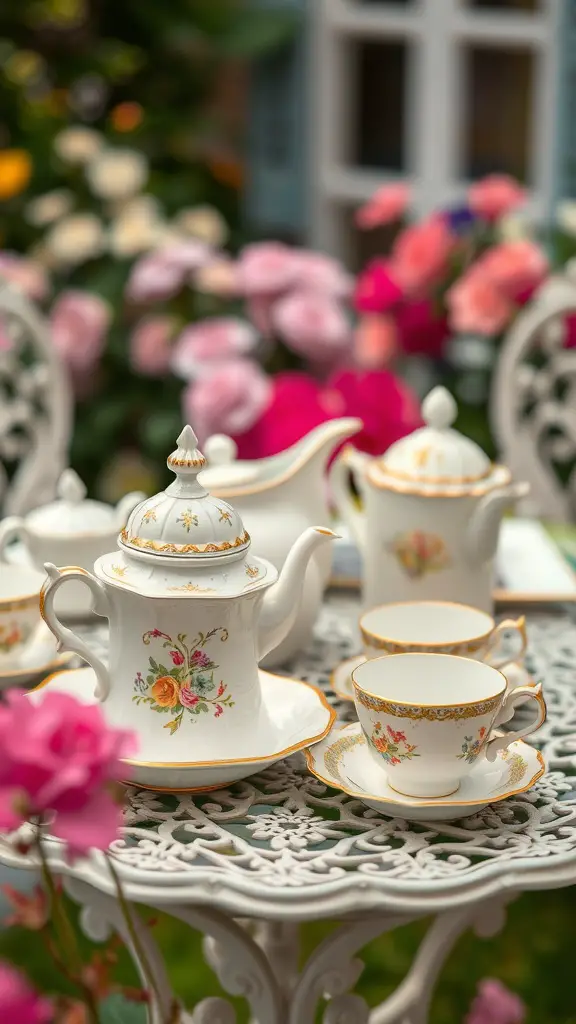 25 Creative Ideas for the Perfect Garden Tea Party 9 A vintage tea set displayed on a garden table with colorful flowers in the background.