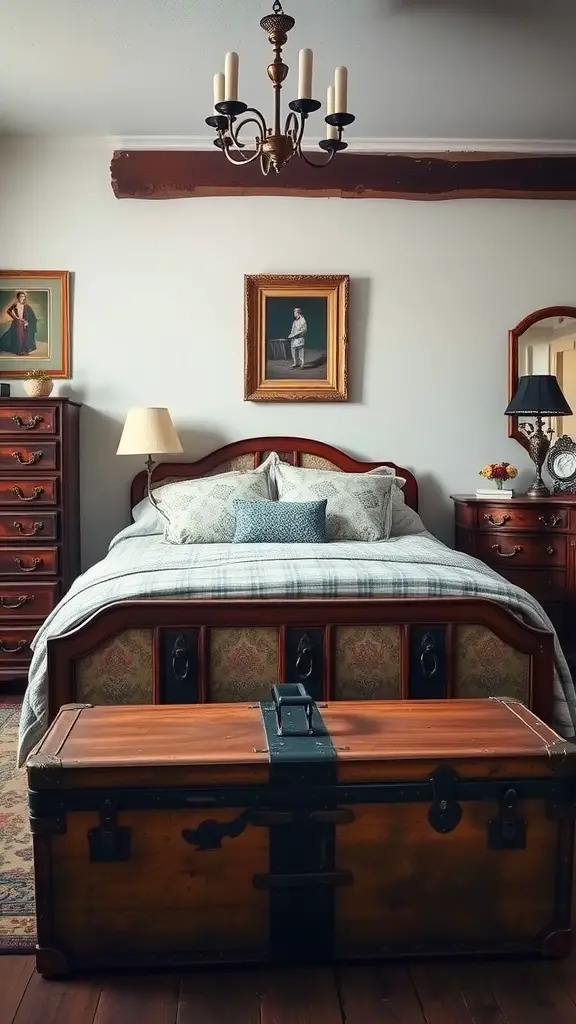 23 Earthy Vintage Bedroom Decor Ideas to Elevate Your Space 10 Vintage trunk at the foot of a bed in an earthy vintage bedroom