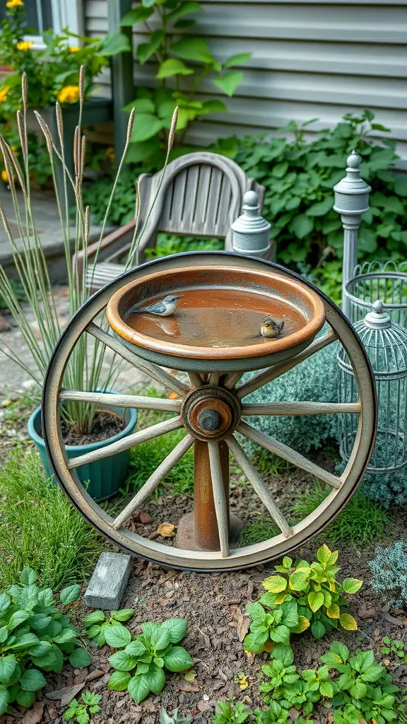 21 Creative Bird Bath Ideas for Your Garden 17 A vintage wheel bird bath surrounded by plants and greenery.