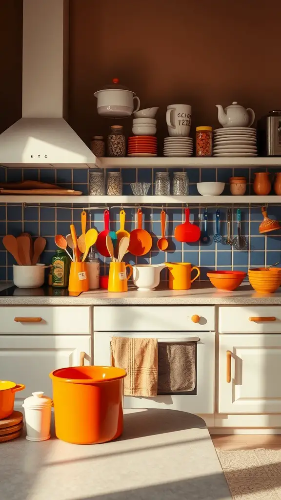 A cozy kitchen with colorful orange utensils and containers on display, surrounded by white cabinets and a blue tiled backsplash.