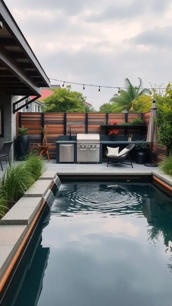 A backyard kitchen with a pool, grill, and comfortable seating surrounded by greenery.