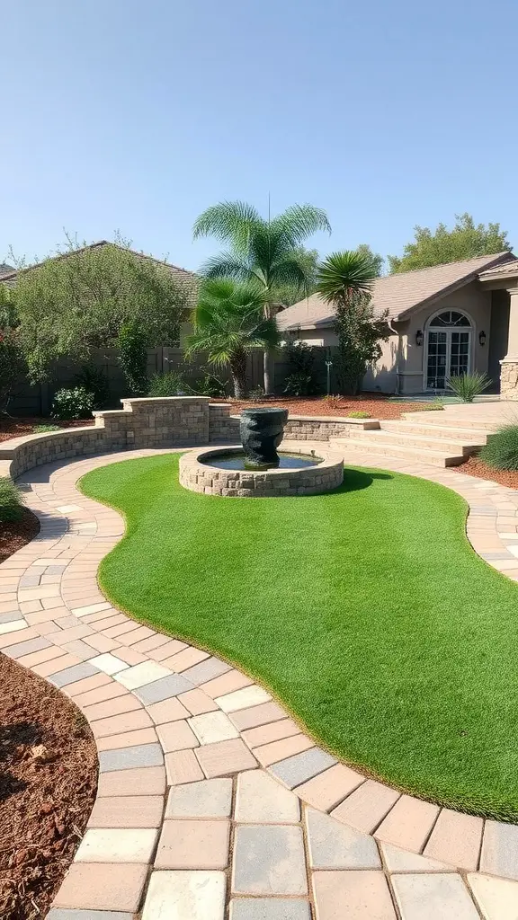A backyard oasis featuring a fountain surrounded by green turf and paver pathways.