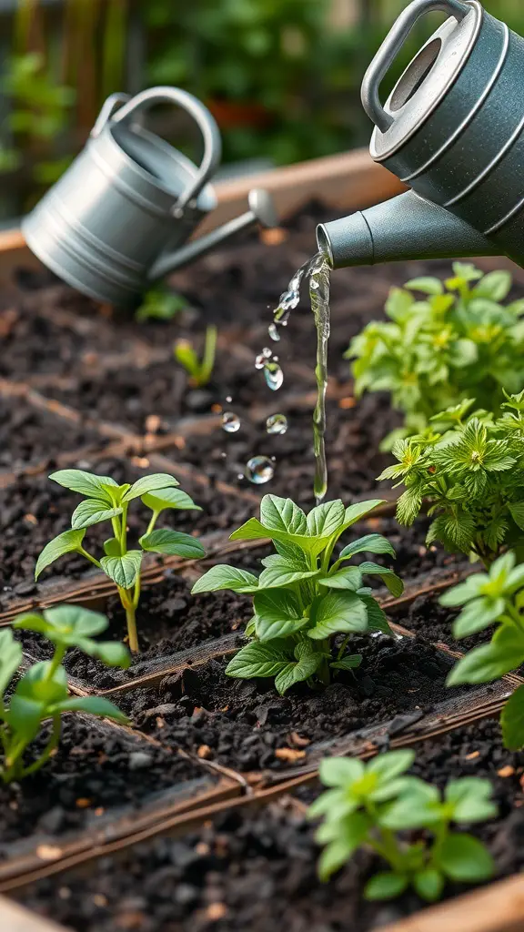 A watering can pouring water over young herbs in a garden bed with rich soil.