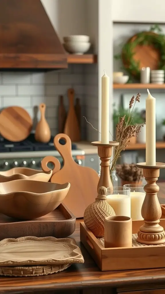 35 Must-Have Wooden Kitchen Essentials for Every Home Chef 34 Wooden kitchen decor including bowls, candle holders, and a tray arranged on a countertop