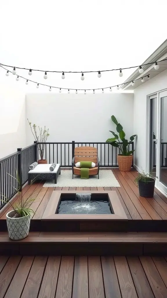 A minimalist deck featuring a wooden surface, a small water feature, potted plants, and string lights.