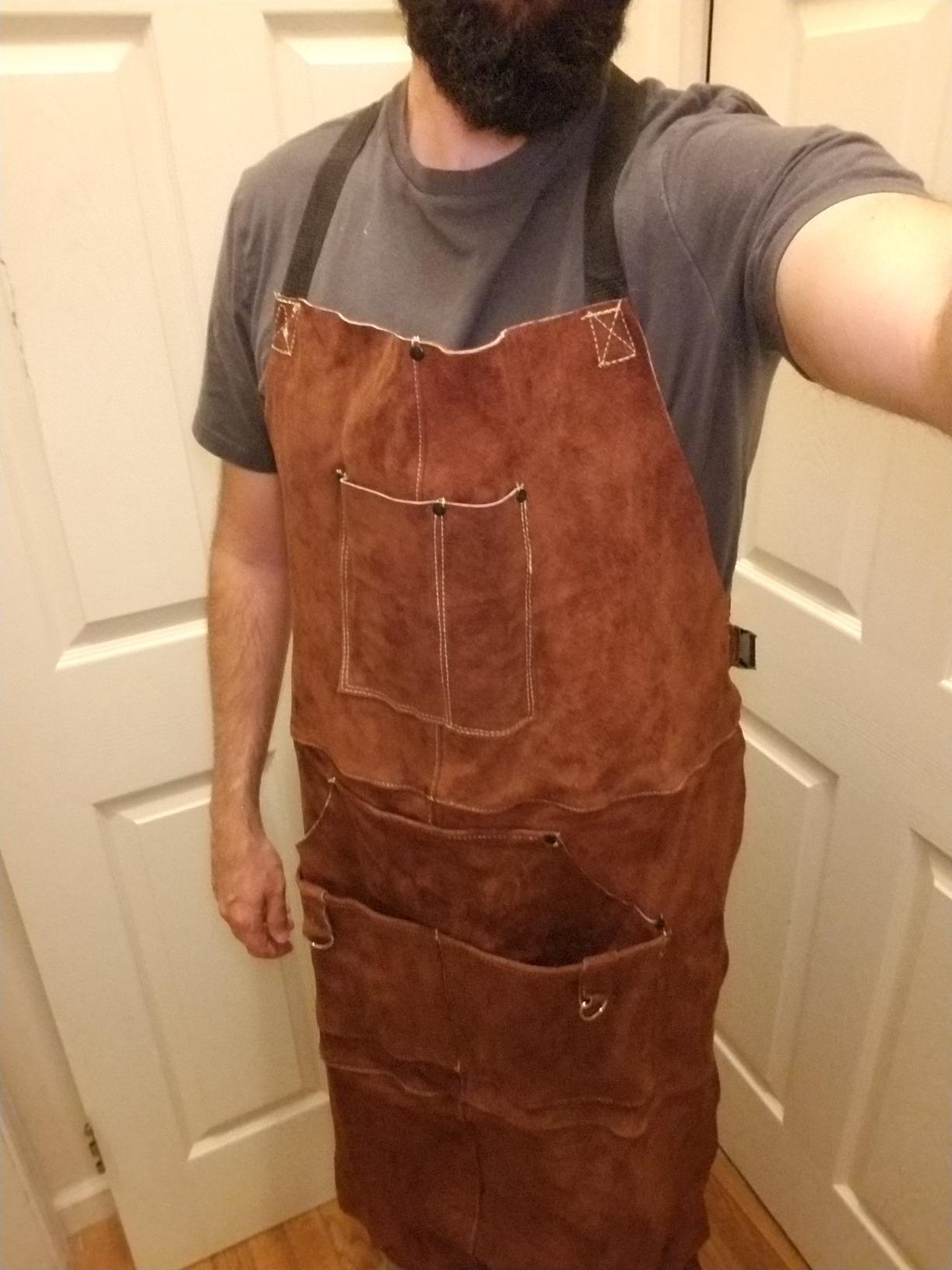 eletecpro Heavy Duty Leather Welding Apron Genuine Cowhide Flame & Heat Resistant Adjustable 42Lx24W with 6 Tool Pockets and Gloves for Mechanic, BBQ, Woodworking, Gardening, Men & Women Gift, Brown - Customer Photo 3