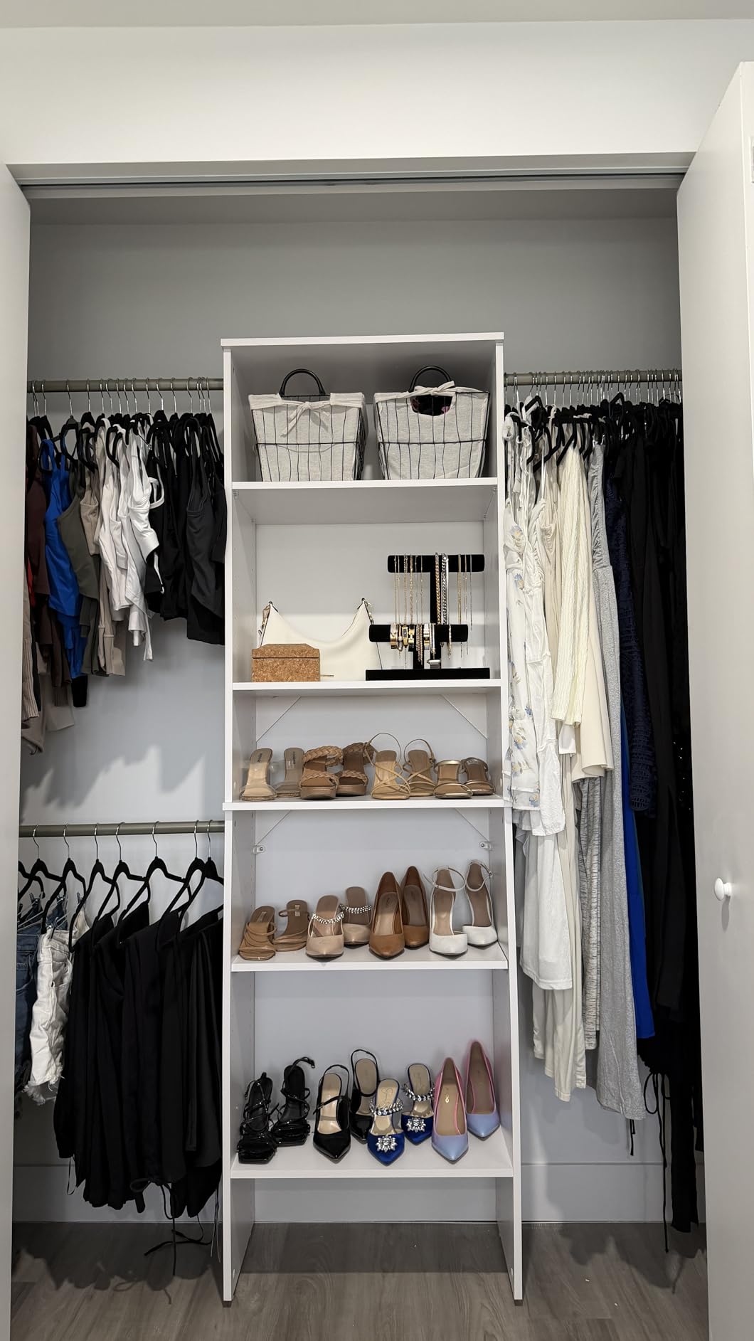 ClosetMaid SuiteSymphony Wood Closet Organizer Starter Kit with Tower and 3 Hang Rods, Shelves, Adjustable, Fits Spaces 5-10 ft. Wide, Natural Gray customer photo 1