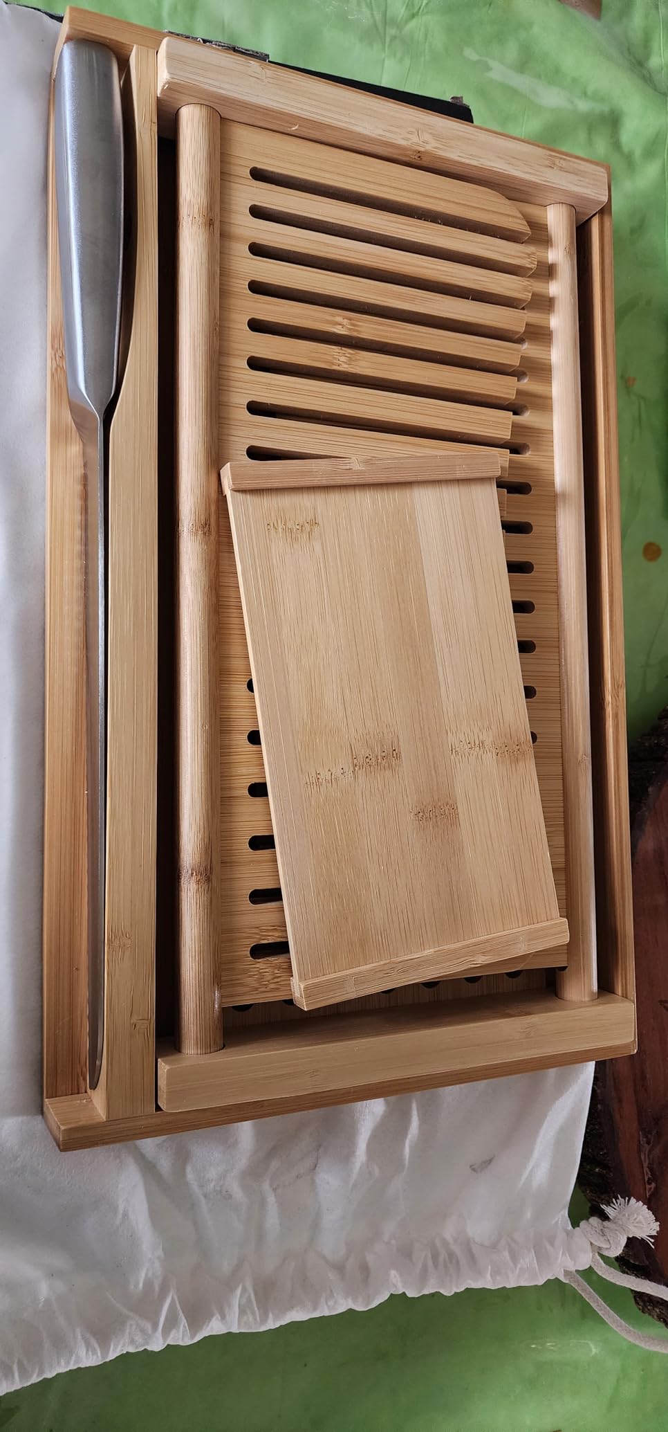 Bread Slicer for Homemade Bread - Bamboo Bread Loaf Slicer with Knife, Adjustable 3 Slice Thickness Guide, Foldable Wood Bread Cutter with Crumb Tray for Sourdough, Bagels, Cakes, Kitchen Gadget Gifts customer photo 2