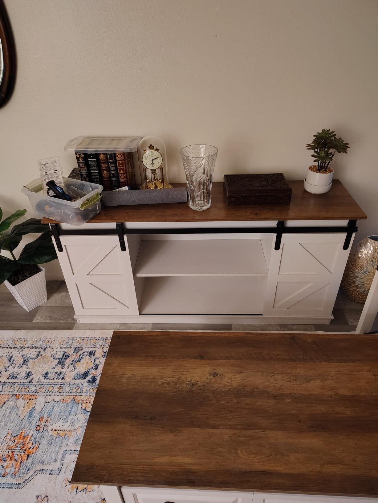 JUMMICO TV Stand for 65 Inch TV, Sliding Barn Doors, Bright White customer photo 1