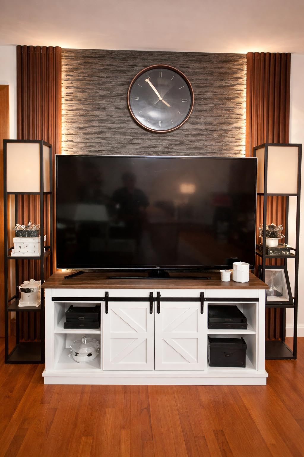 JUMMICO TV Stand for 65 Inch TV, Sliding Barn Doors, Bright White customer photo 2