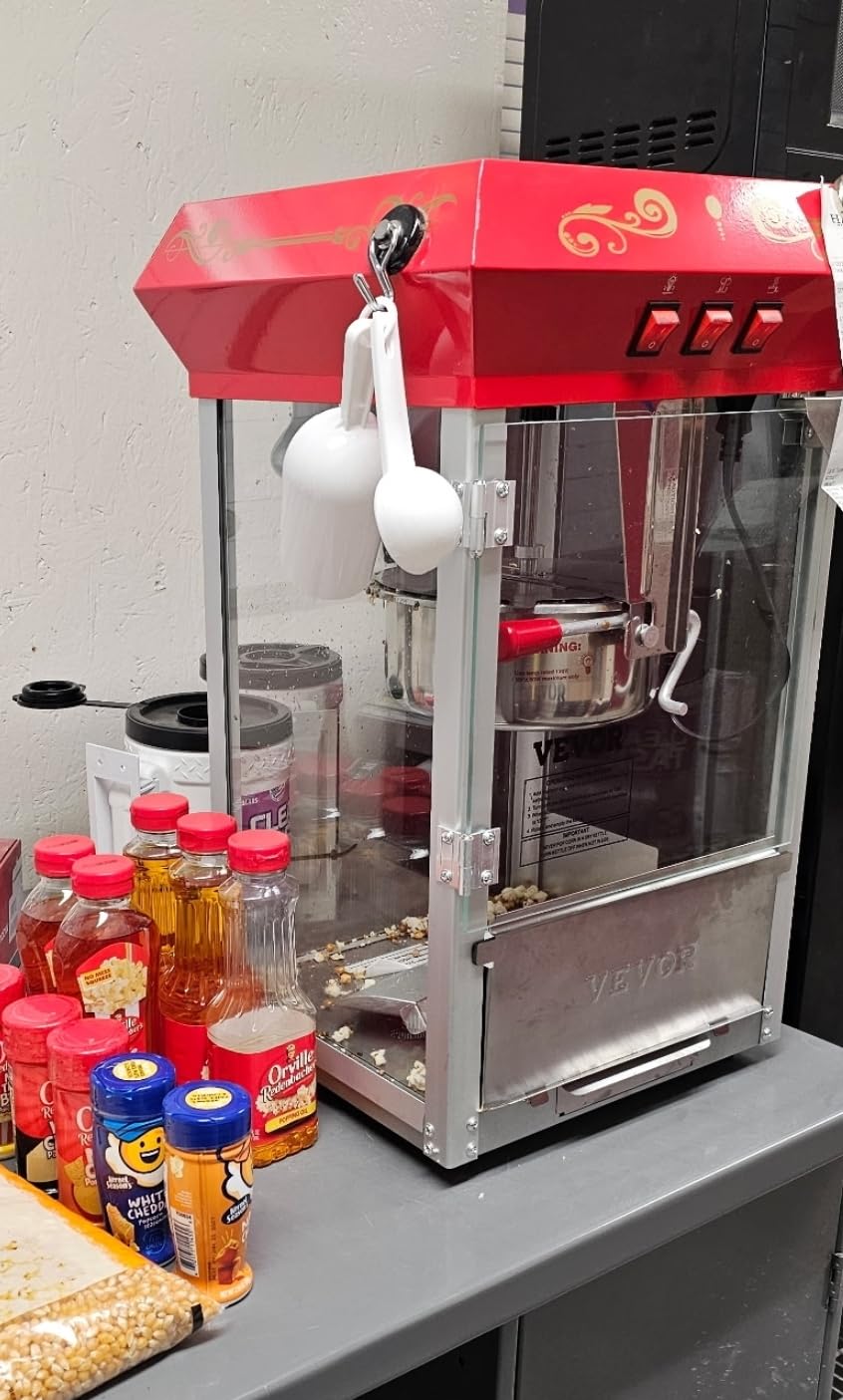VEVOR Commercial Popcorn Machine, 12 Oz Kettle, 1440 W Countertop Popcorn Maker for 80 Cups per Batch, Theater Style Popper with 3-Switch Control Steel Frame Tempered Glass Doors 1 Scoop 2 Spoons, Red customer photo 2