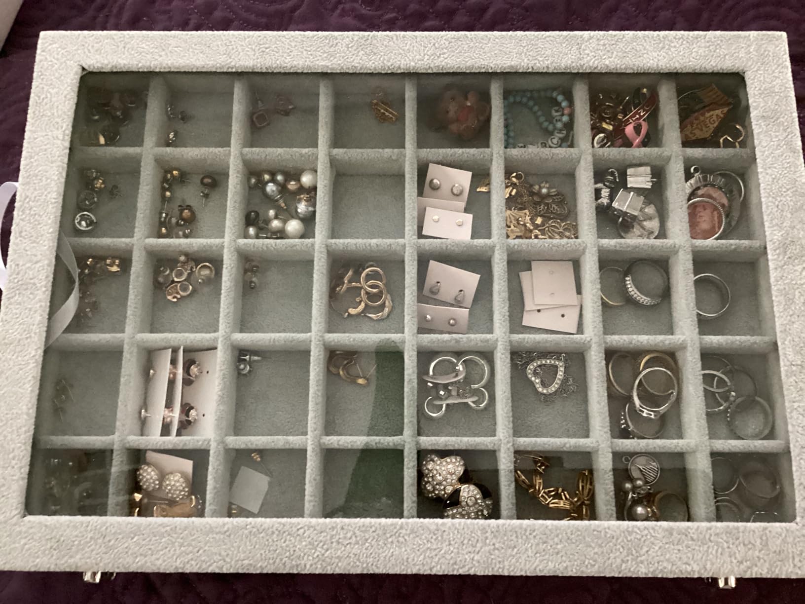 Stratalife 12 Grid Jewelry Holder Organizer: Bracelet Organizer Box with Clear Glass Lid, Velvet Jewelry Storage for Studs, Earrings, Rings, Necklace with Removable Dividers for Dresser, Grey customer photo 1