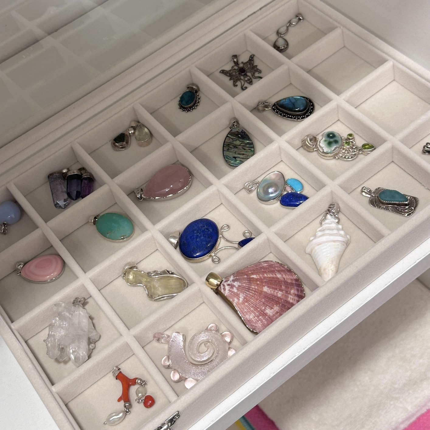 Stratalife 12 Grid Jewelry Holder Organizer: Bracelet Organizer Box with Clear Glass Lid, Velvet Jewelry Storage for Studs, Earrings, Rings, Necklace with Removable Dividers for Dresser, Grey customer photo 2