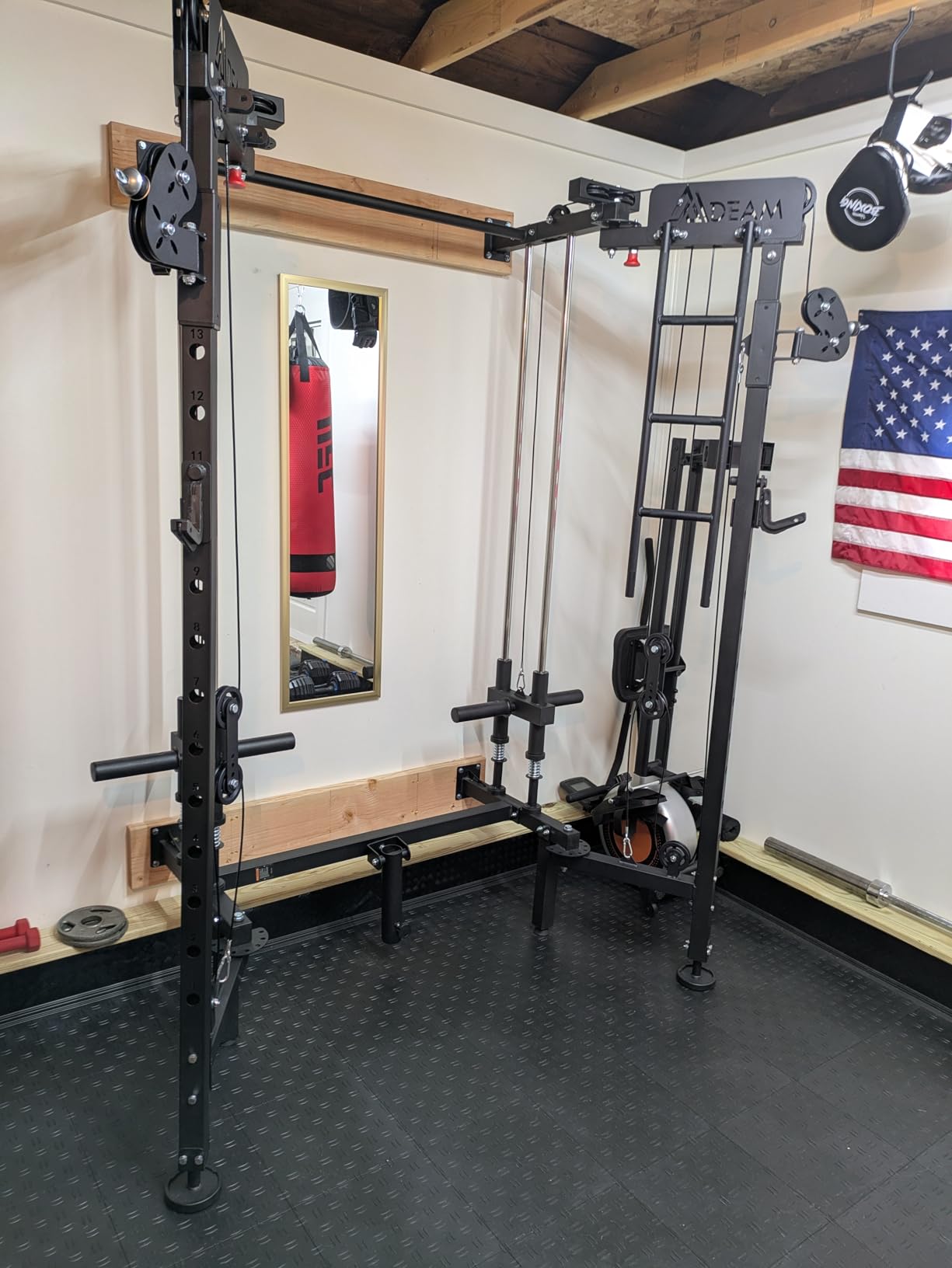 Folding Squat Rack, Wall Mounted Power Rack with Cable Crossover Machine & LAT Pull Down Multi-Function Space-Saving Power Cage with 7 Adjustable Modes/Dual Pulley System/Pull-up Bar/360°Landmine customer photo 2