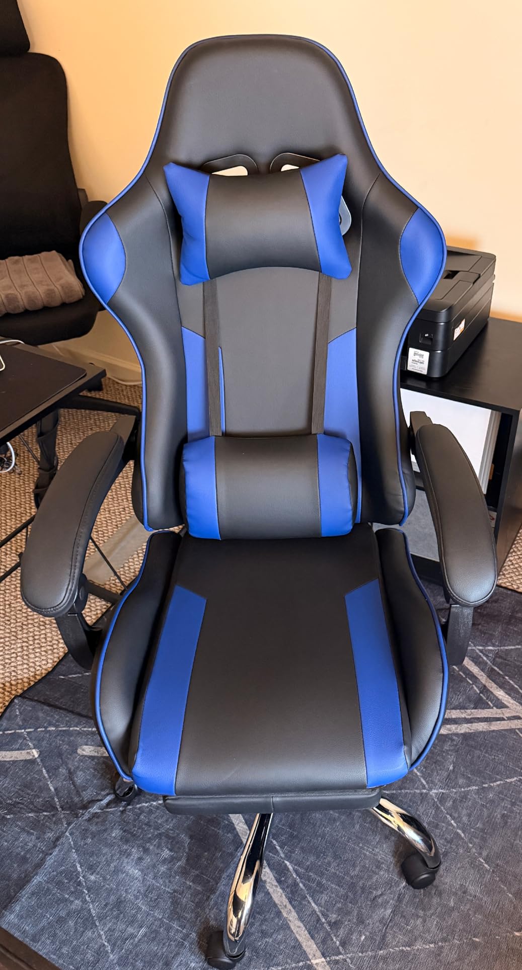 DUMOS Ergonomic Gaming Office Desk Chair with Linkage Armrests for Adults, Height Adjustable Computer Chair with Footrest and Headrest, PU Leather 360° Swivel Recliner with Lumbar Support, Deep Blue customer photo 1