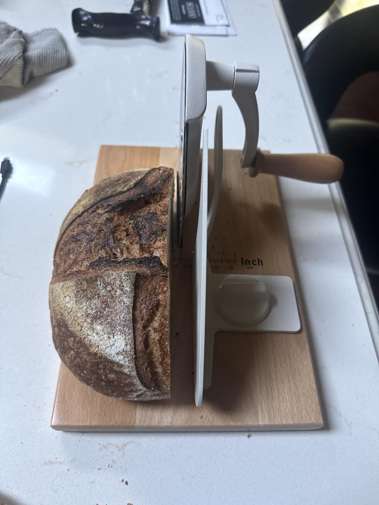 CAWIU Upgraded Manual Bread Slicer for Homemade Sourdough Bread - Adjustable Thickness Bread Cutter with Hand Crank, Suction Cups, Slicing Guide, Scale Line & Cover, for Perfect Even Slices (Cream) customer photo 1