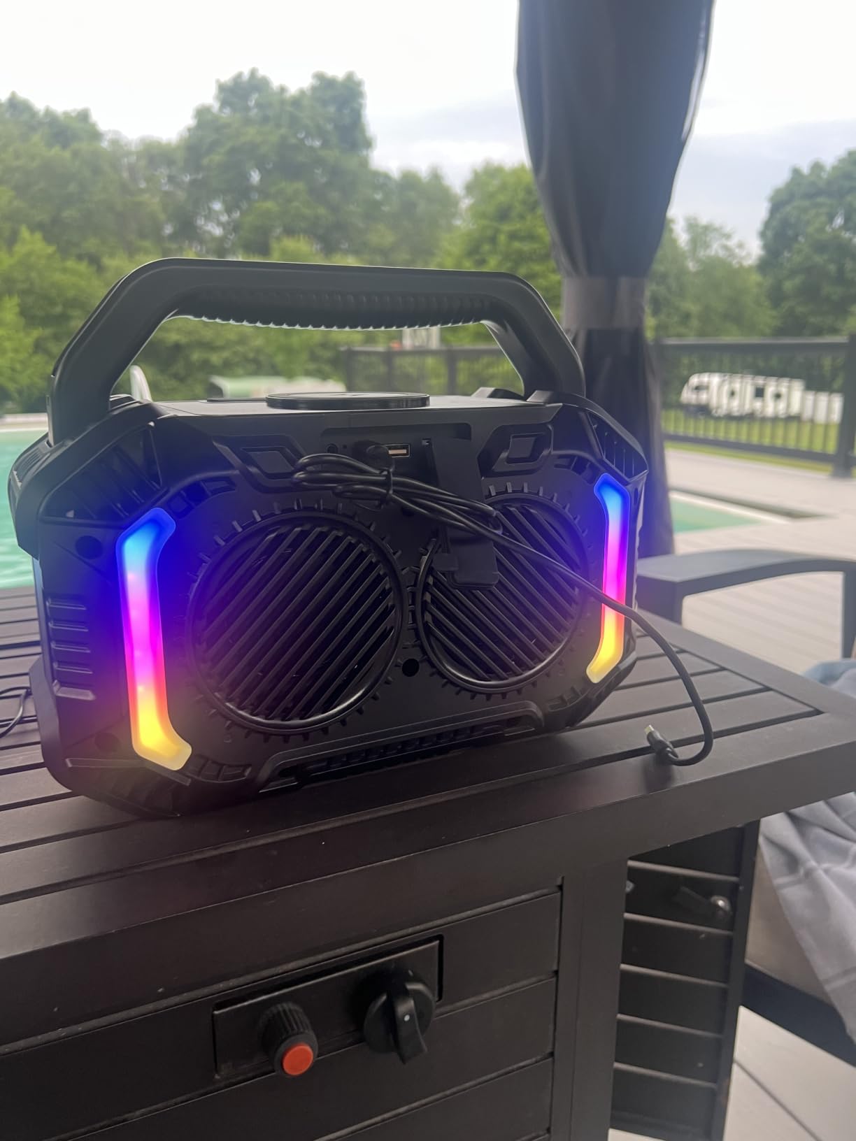 Wilody Speakers Bluetooth Wireless, 100W Loud Outdoor Speaker with Bass, IPX7 Waterproof Floatable, 20H Playtime, Wireless Charge, TWS, RGB Light, Portable Speaker for Work, Garage, Outdoor (Black) customer photo 1