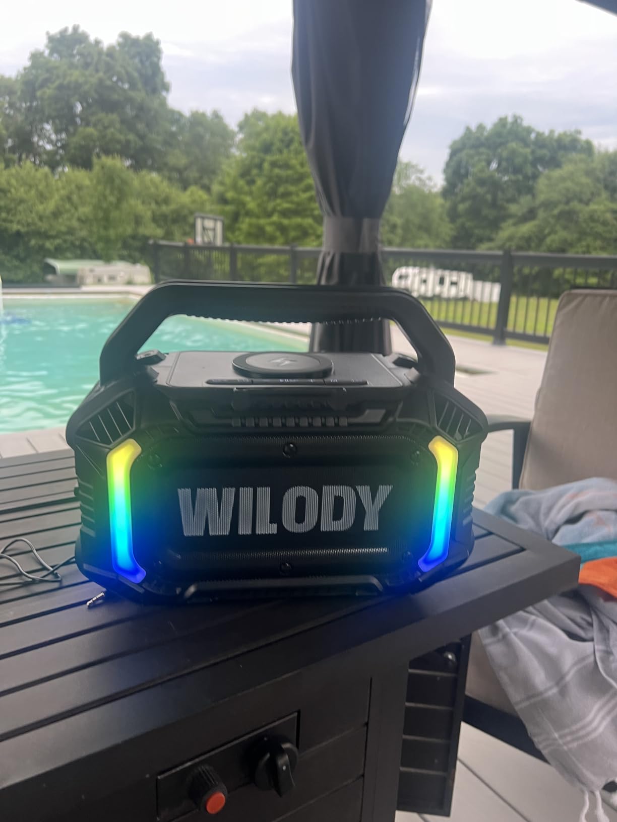 Wilody Speakers Bluetooth Wireless, 100W Loud Outdoor Speaker with Bass, IPX7 Waterproof Floatable, 20H Playtime, Wireless Charge, TWS, RGB Light, Portable Speaker for Work, Garage, Outdoor (Black) customer photo 2