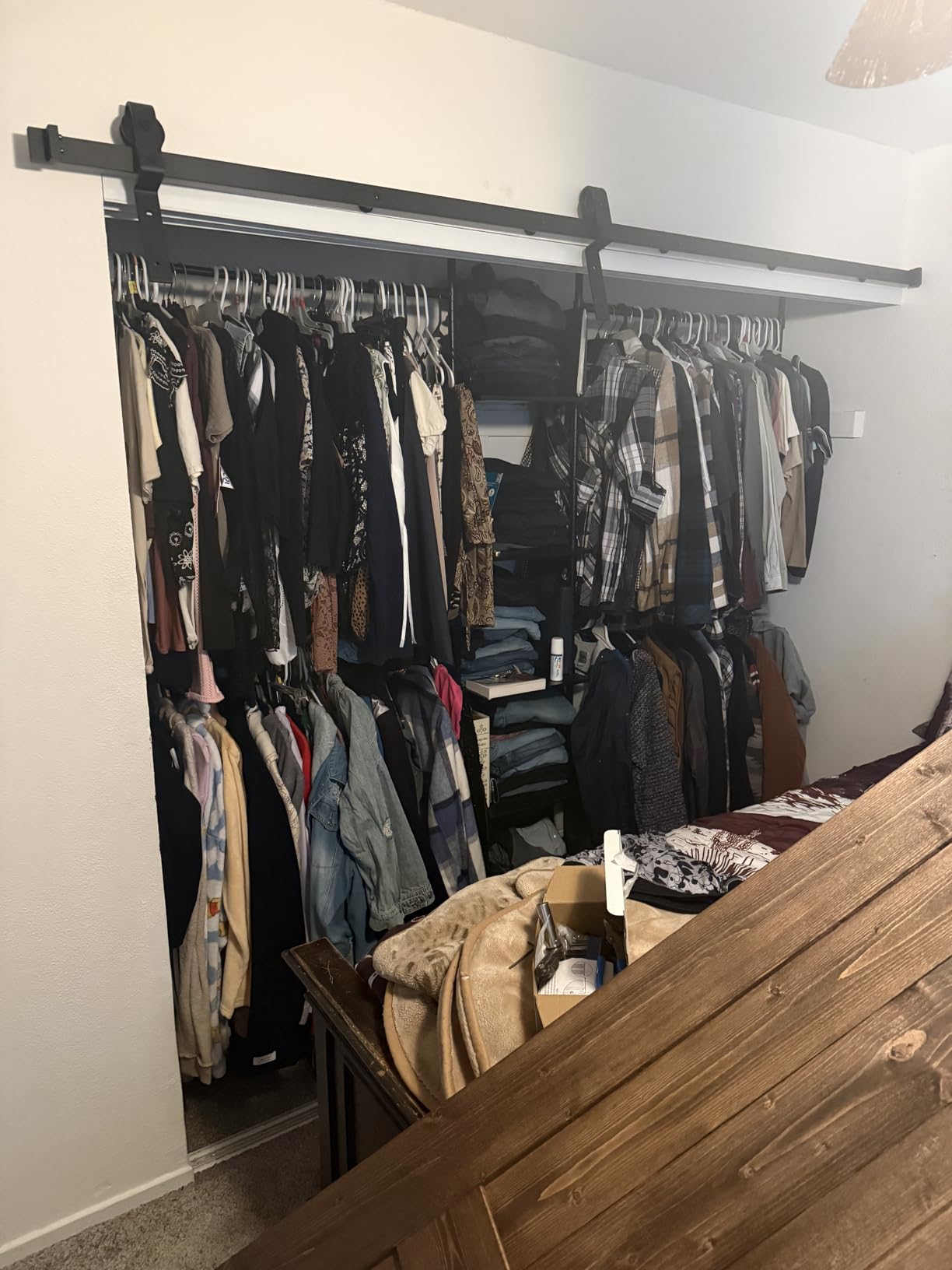 T1 Wall Mounted Closet System, Industrial Pipe Clothing Rack with 6 Wooden Shelves & 4 Telescopic Rods, Heavy Duty Closet Organizers and Storage in Wardrobe Closet, Rustic Brown customer photo 1