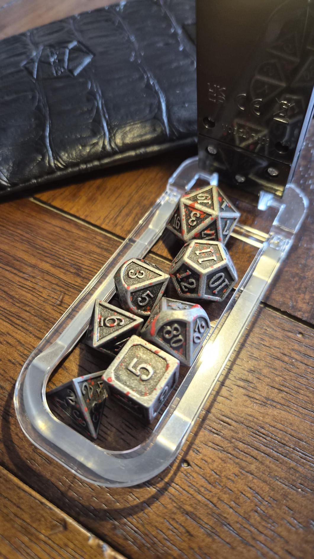 Haxtec Metal DND Dice Set, 7 Pcs Bloodstained Polyhedral Dice for RPG with Leather Bag, Heavy Metallic TTRPG Gift customer photo 1