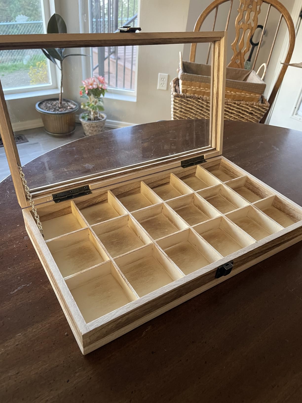 MOOCA Wooden Jewelry Display and Beads Display Storage Case with Tempered Glass Lid, 18 Compartments, 15 W x 8 3/8 L x 2 1/8 H, Brown Color customer photo 2