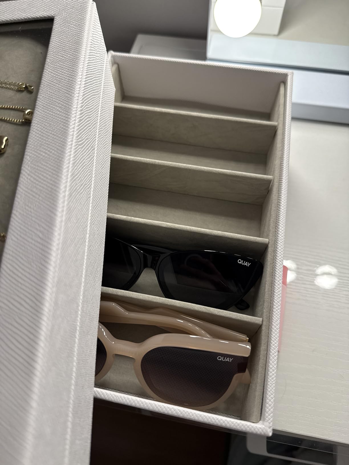 GLOBAL KA 4-Layer Stackable Jewelry Organizer Trays with Tempered Glass Lid, Black PU Leather Jewelry Drawer Inserts Display Case, Large Anti-Tarnish Storage Box for Earring Necklace Ring Sunglasses customer photo 2