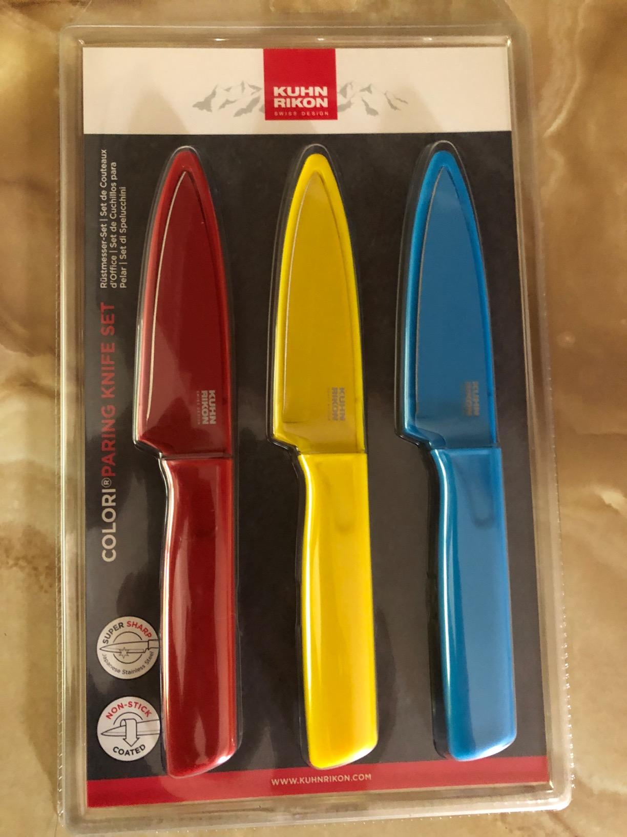 Kuhn Rikon Straight Paring Knife with Safety Sheath, 4 inch/10.16 cm Blade, Red, Yellow & Blue (Pack of 1) customer photo 1