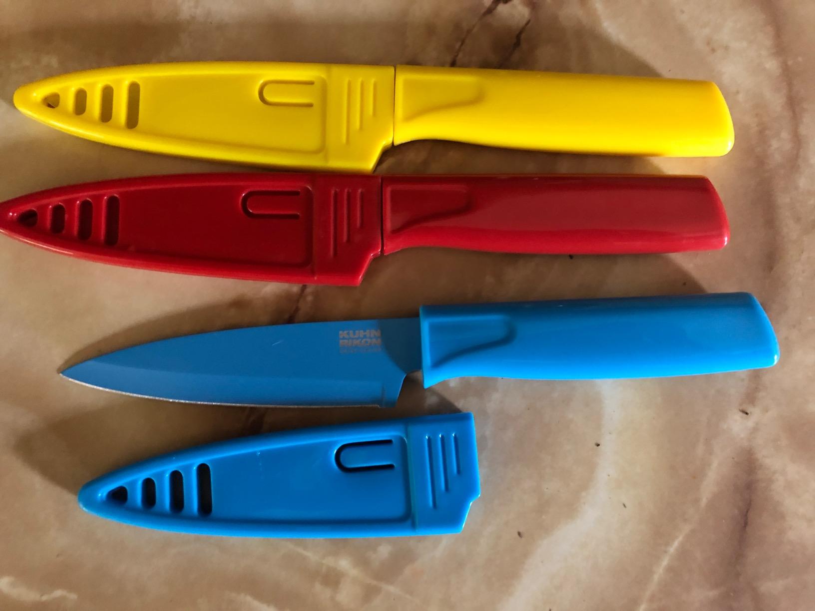 Kuhn Rikon Straight Paring Knife with Safety Sheath, 4 inch/10.16 cm Blade, Red, Yellow & Blue (Pack of 1) customer photo 2