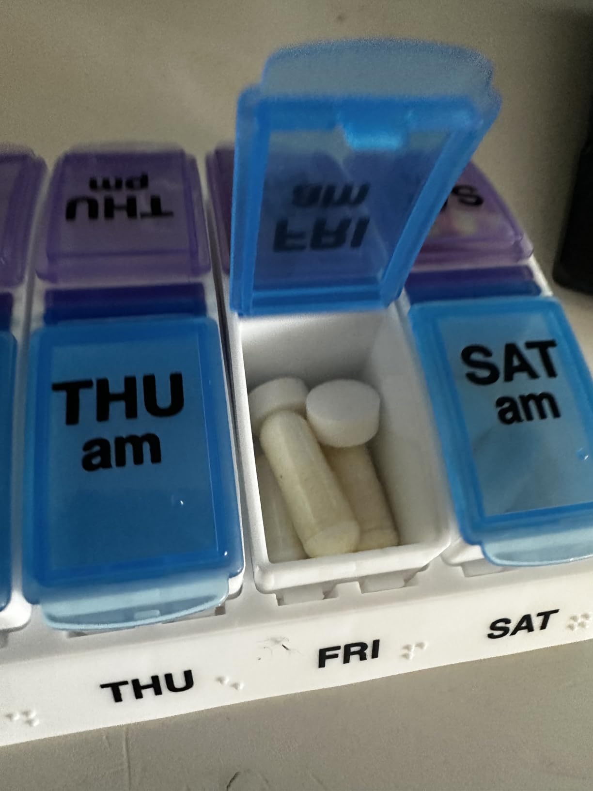 EZY DOSE Weekly AM/PM Pill Organizer, 7-Day Vitamin Container and Daily Medication Box with Large Pop-Out Compartments, 2 Times a Day Pill Holder, Blue and Purple Lids, Travel-Friendly Design customer photo 2