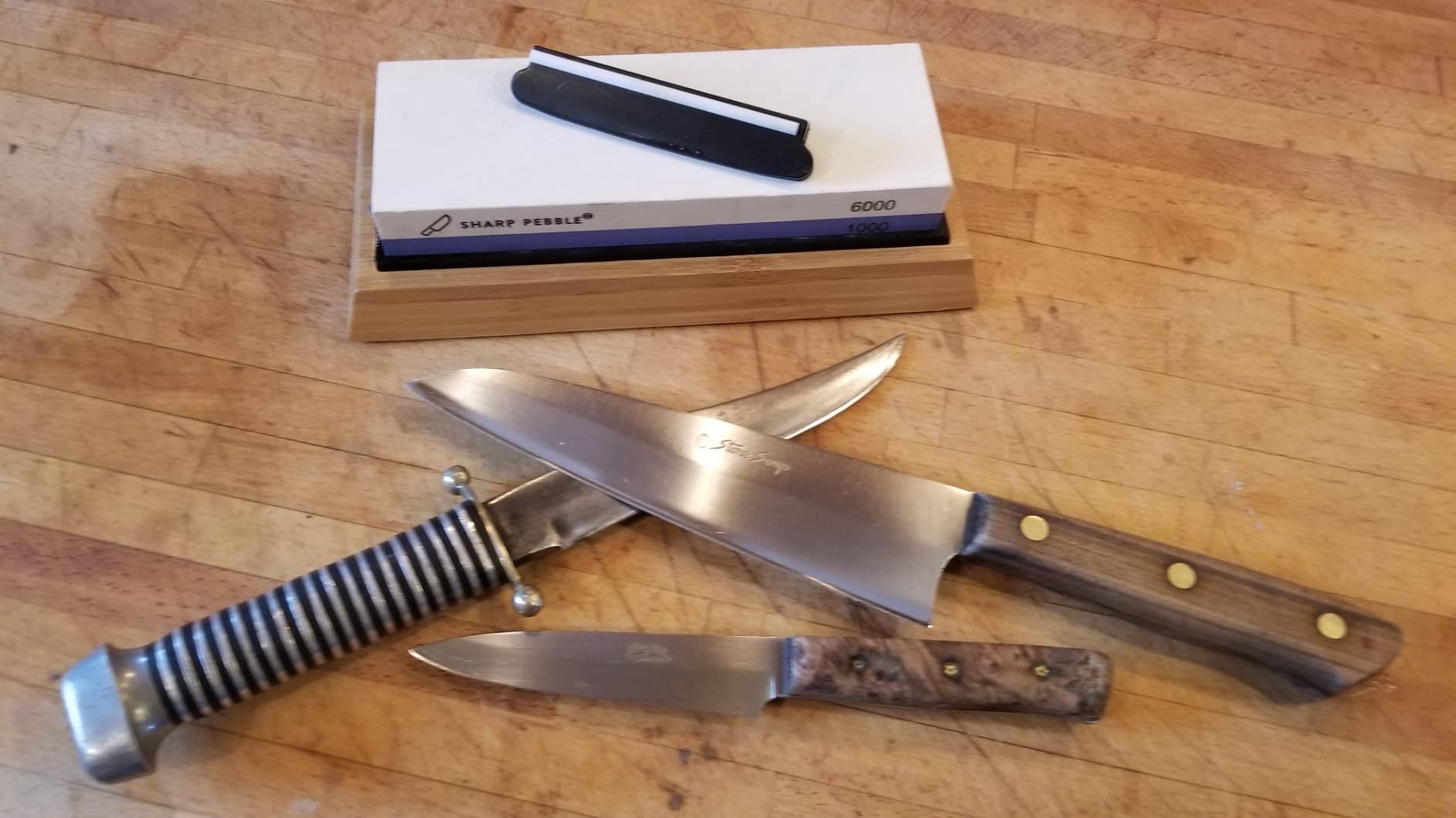 Sharp Pebble Whetstone Knife Sharpener – 1000/6000 Grit Sharpening Stone | Angle Guide for Foolproof Results – Wet Stone Sharpener & Honing Kit with Non-Slip Bamboo Base- Guided Beginner Instructions customer photo 1