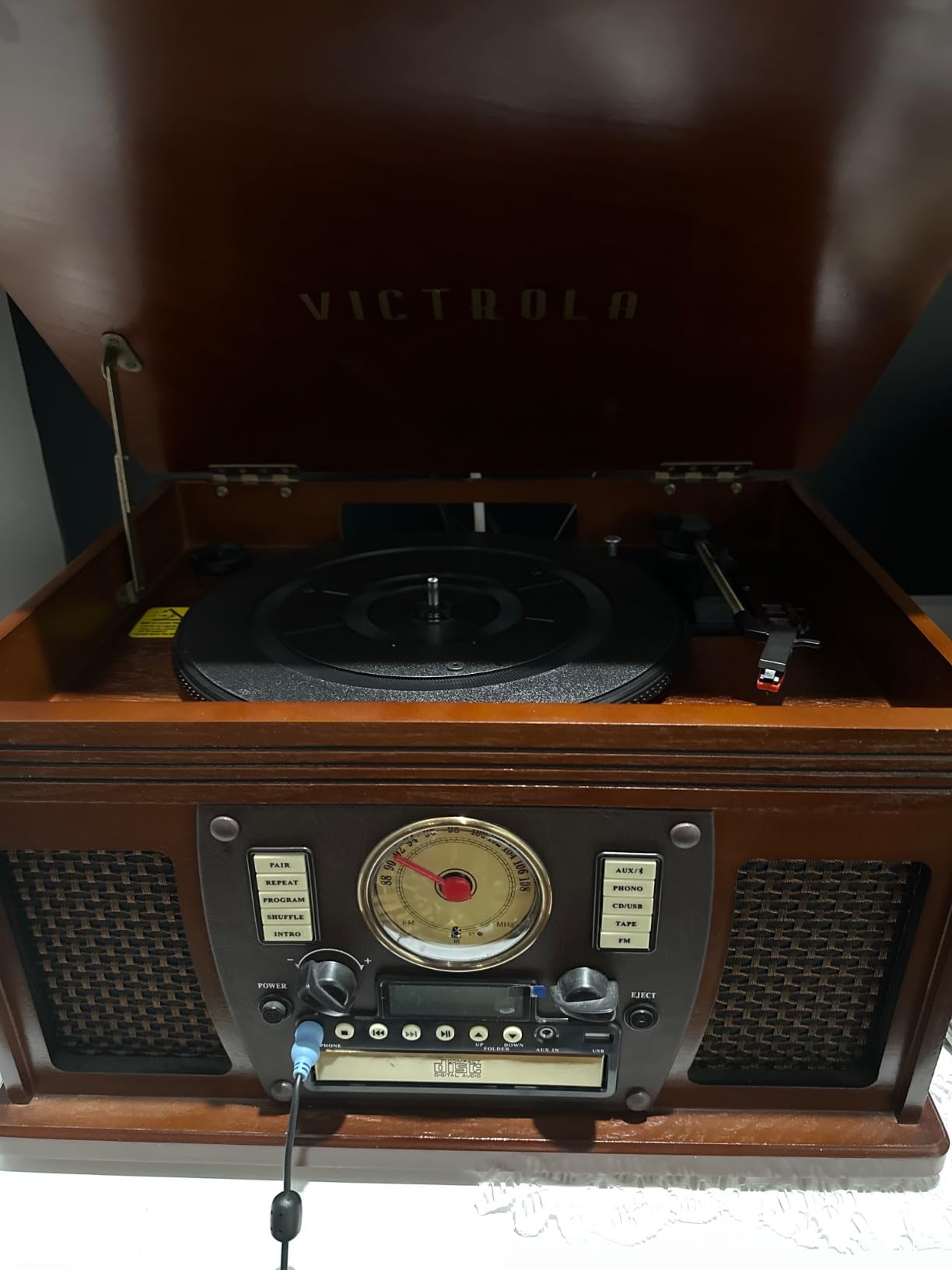 Victrola Navigator 8-in-1 Bluetooth Record Player with Built-in Speakerss – 3 Speed Turntable, CD Player, Cassette, FM Radio, USB, RCA Out, Headphone Jack, Wireless Music Streaming, Real Wood (White) customer photo 1