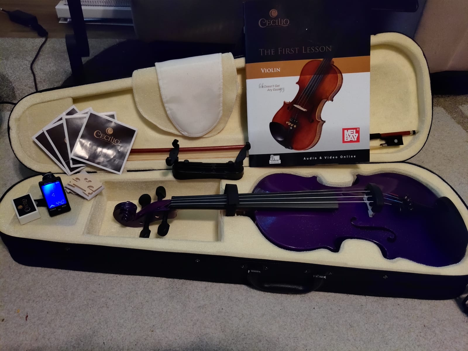 Mendini By Cecilio Violin 4/4 Full Size For Beginners - Fiddle Solidwood Kit with Hard Case - Acoustic Violins with Bow, Rosin, Tuner, Extra Strings & Bridge, Shoulder Rest and Lesson Book (White) customer photo 1