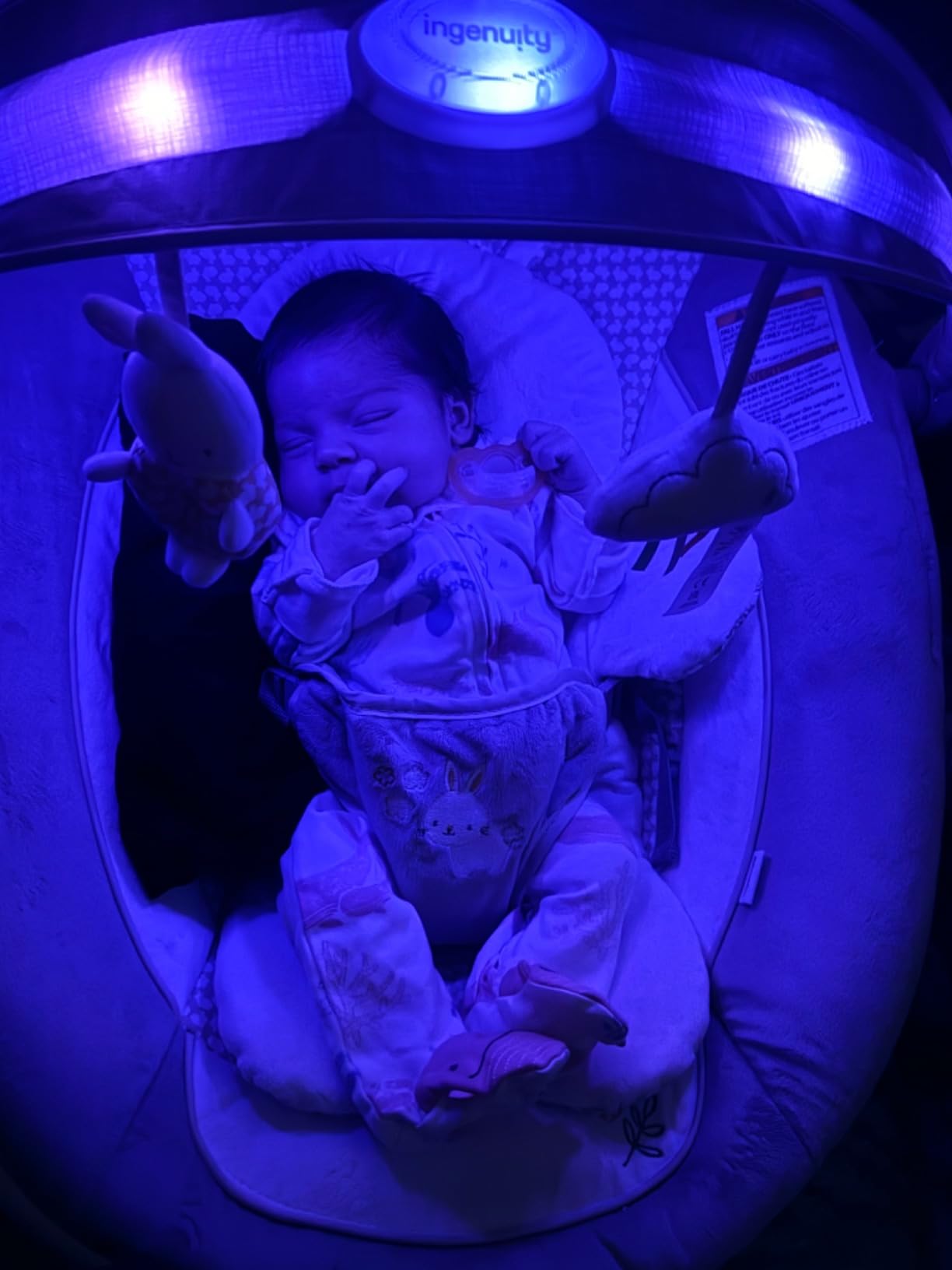 Ingenuity InLighten Baby Bouncer Infant Seat with Light Up -Toy Bar, Vibrations, Tummy Time Pillow & Sounds, 0-6 Months Up to 20 lbs (Twinkle Tails Bunny) customer photo 1