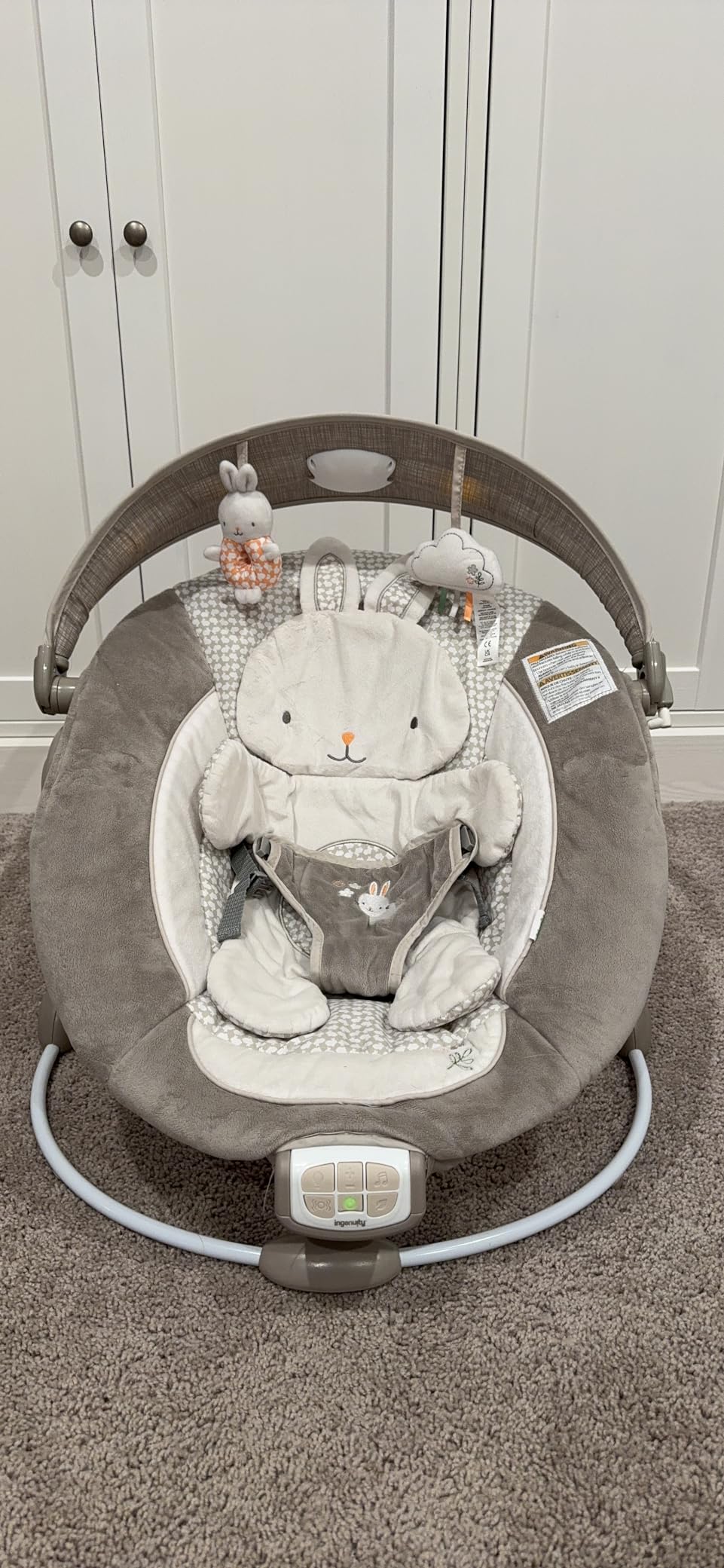 Ingenuity InLighten Baby Bouncer Infant Seat with Light Up -Toy Bar, Vibrations, Tummy Time Pillow & Sounds, 0-6 Months Up to 20 lbs (Twinkle Tails Bunny) customer photo 2