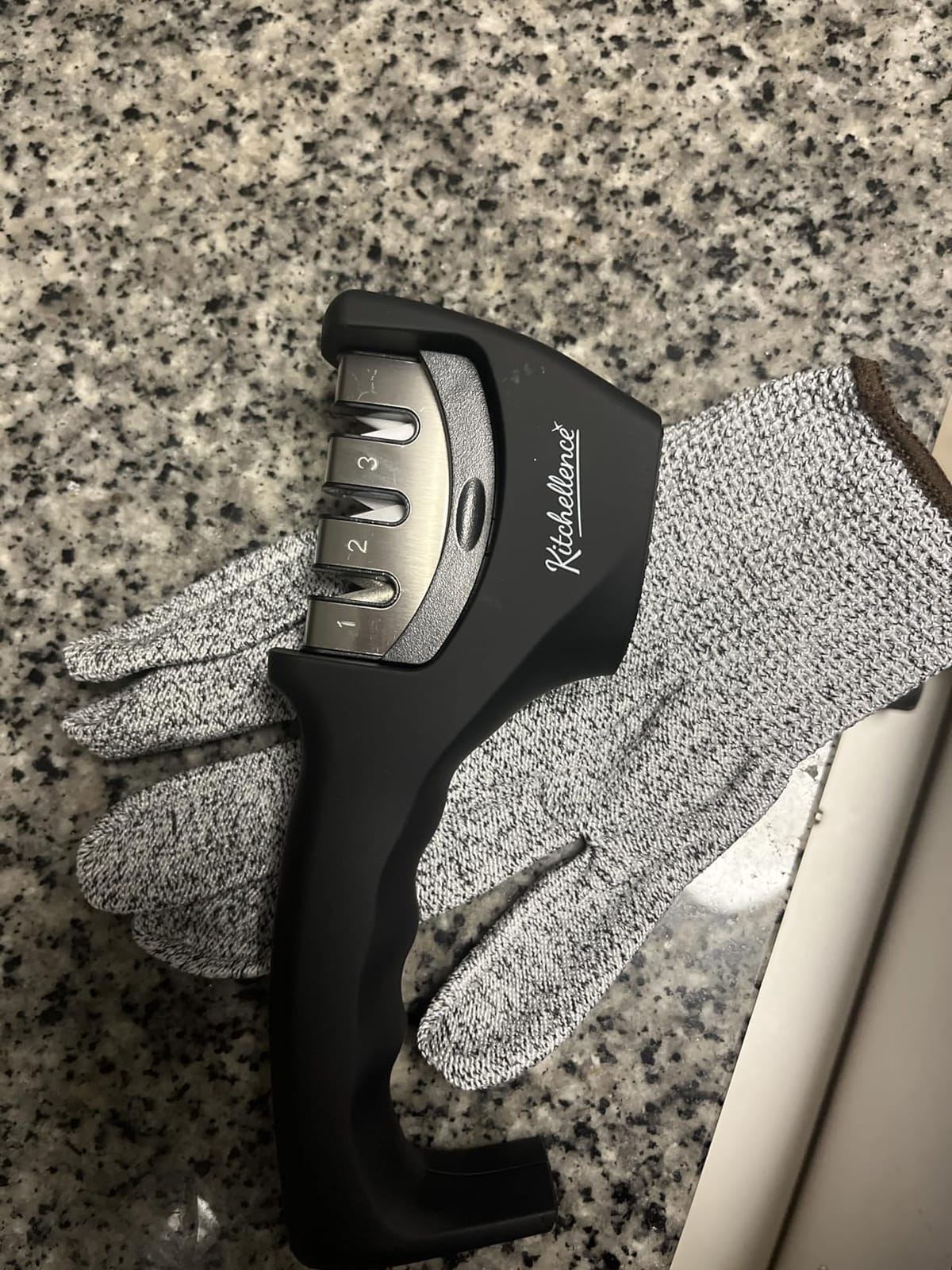 4-in-1 Kitchen Knife Accessories: 3-Stage Knife Sharpener Helps Repair, Restore, Polish Blades and Cut-Resistant Glove (Black) customer photo 1