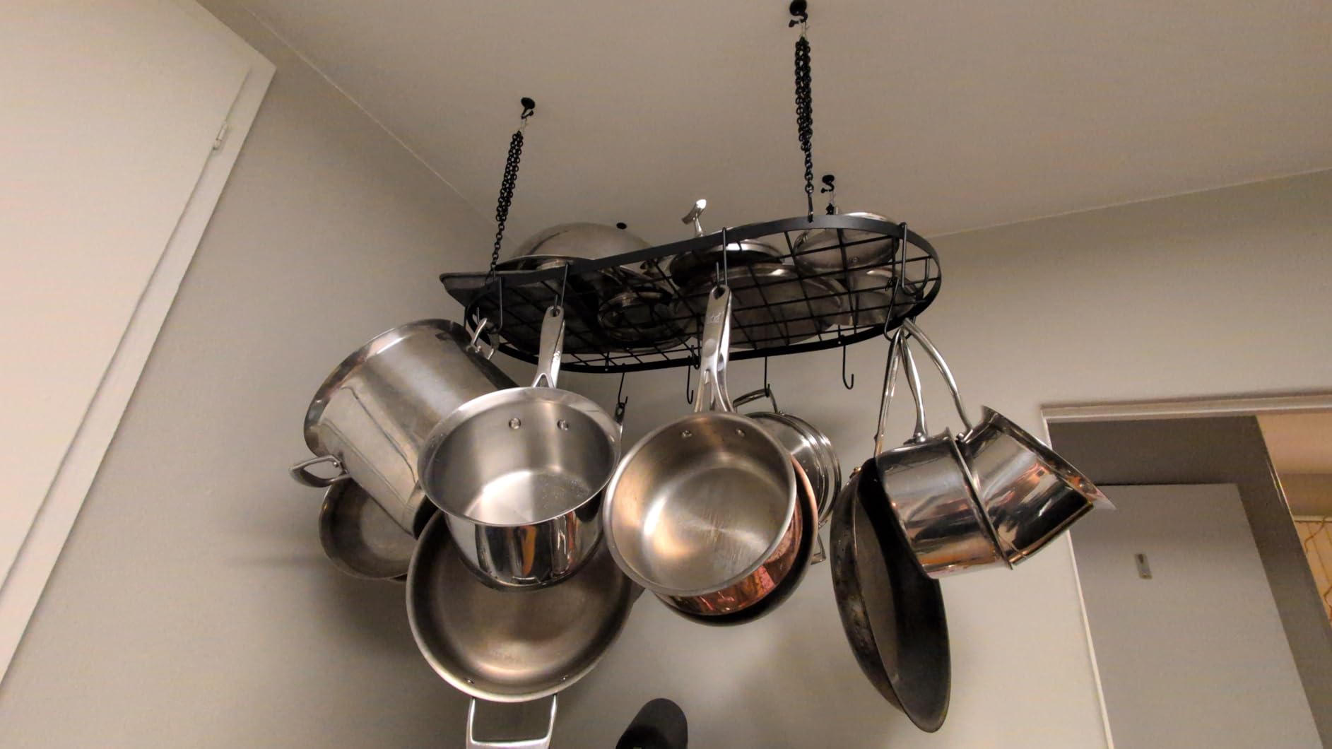 Vdomus Hanging Pot Rack - Ceiling Mount Kitchen Organizer for Pots and Pans with 15 Hooks - 33 x 17 Inches Heavy-Duty, Durable and Space-Saving Pan Holder - Silver customer photo 2