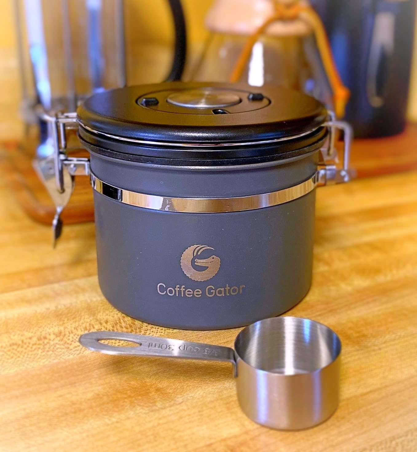 Coffee Gator Stainless Steel Canister - Medium 16oz, Gray Coffee Grounds and Beans Container with Date-Tracker, CO2-Release Valve, and Measuring Scoop - Ideal Coffee Lovers Gifts customer photo 1