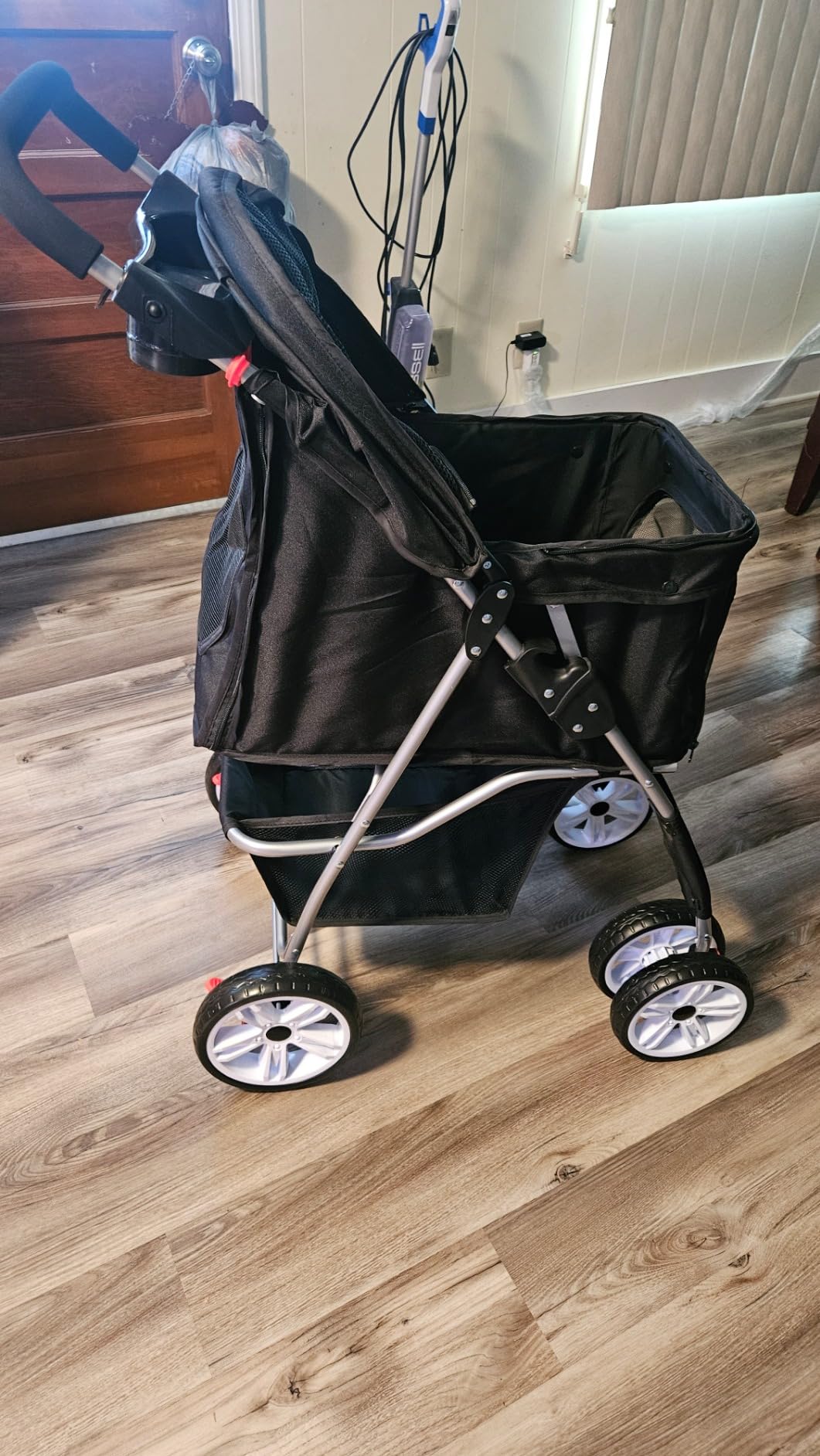 4 Wheels Pet Stroller Dog Cat Stroller for Small Medium Dog Cats Foldable Carrier Jogger Travel Puppy with Storage Basket and Cup Holder (Black) customer photo 1